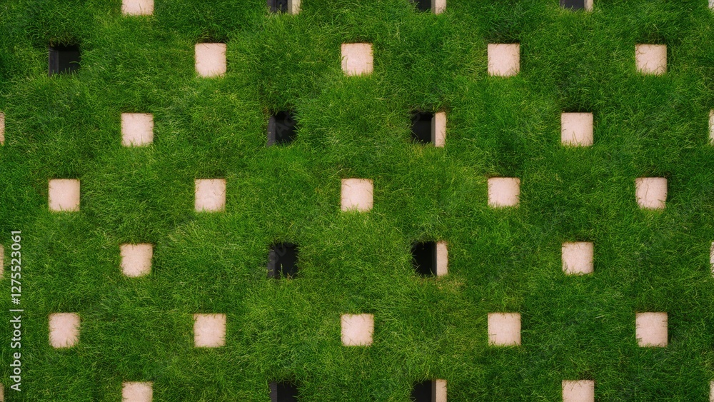 Poster textured green grass pattern interspersed with light-colored square tiles arranged in a neat grid la