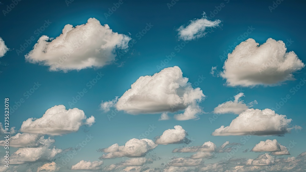 Poster fluffy white clouds scattered across a bright blue sky create a serene summer atmosphere with varyin