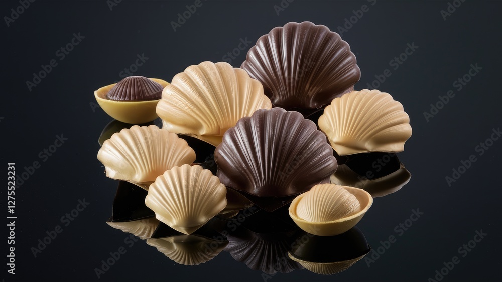 Poster assorted belgian chocolate shells in dark and light tones arranged artfully on a glossy black mirror