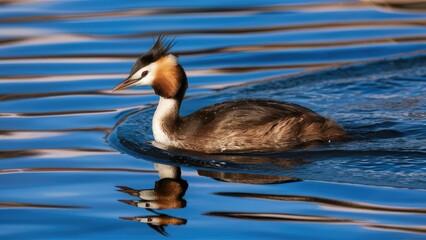 Fototapeta premium Great Crested Grebe swimming on calm water with vibrant blue reflections and ripples, showcasing detailed plumage and serene natural scenery