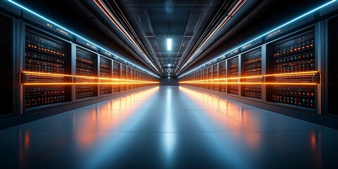 Exploring a futuristic data center filled with glowing servers and vibrant technology in the heart of the digital age. Generative AI