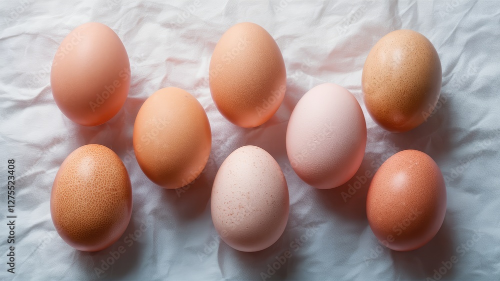 Poster assorted eggs in varying shades of brown and white arranged in a neat row on crumpled white paper ba