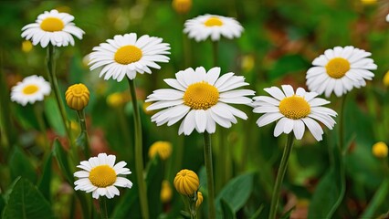 Obraz premium Spring chamomile flowers with white petals and yellow centers surrounded by green foliage, positioned at various heights under soft natural light.