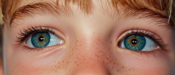 Close-up of a child's eyes, featuring blue irises, long eyelashes, and freckles on the face.