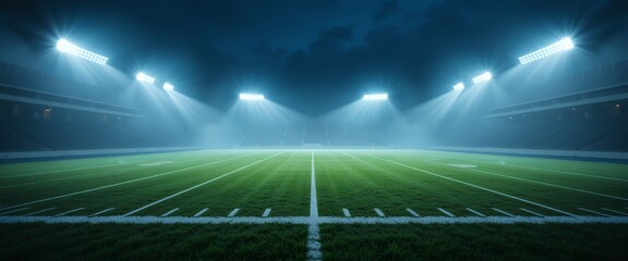 Empty football stadium with bright lights illuminating the green field