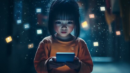 A child holding a smartphone, with floating social media notification icons appearing above the screen.