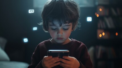 A child holding a smartphone, with floating social media notification icons appearing above the screen.