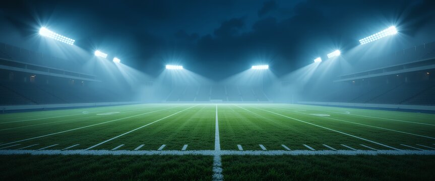 Empty football stadium with bright lights illuminating the green field