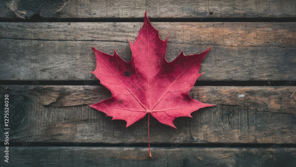 Poster vibrant red maple leaf centered on a rustic wooden surface with rich textures emphasizing autumn bea