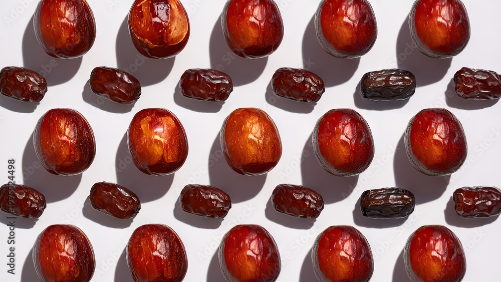 Poster dried and fresh date fruits neatly arranged in a grid pattern on a light surface with rich brown and