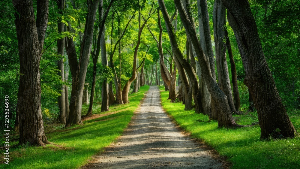 Poster lush green forest pathway under soft sunlight with tall trees on both sides creating a serene ambian
