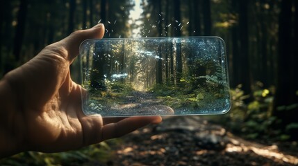 A hand holding an smartphone with a transparent glass screen, displaying a forest path in augmented reality. The scene includes a forest clearing, sunlight, and magical light effects.