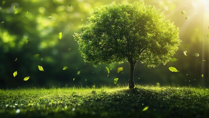 Spring Tree, Sunlight, Falling Leaves, Green Meadow