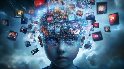 Concept image illustrating how social media impacts children's brains, with digital elements blending into a child's head.