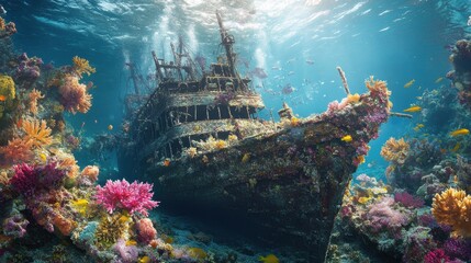 Bright coral formations envelop an ancient shipwreck, a stunning underwater harmony of history and life