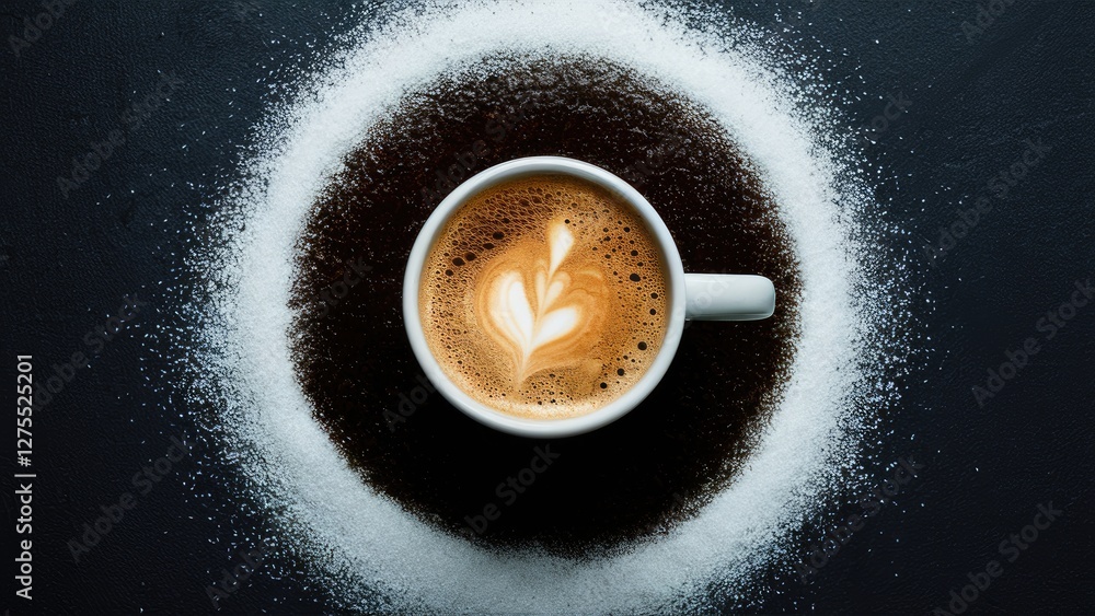 Poster Rich dark coffee in a white cup with a latte art swirl surrounded by white sugar on a dark surface creating a striking contrast and texture