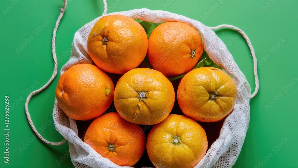 Poster vibrant green background showcasing a string bag filled with fresh, bright mandarins arranged unifor