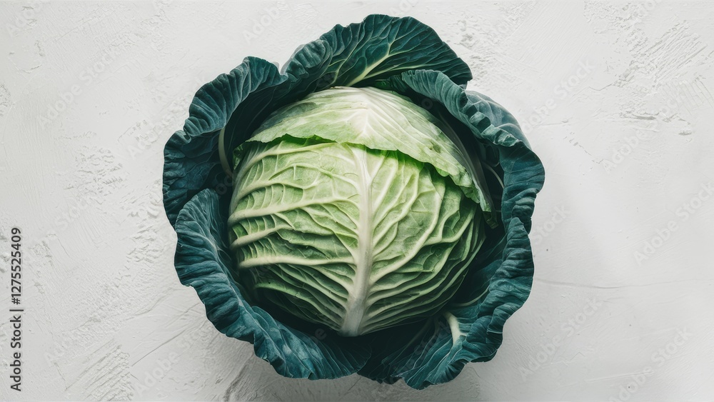 Poster fresh green cabbage with dark green outer leaves centered on a light textured background, showcasing