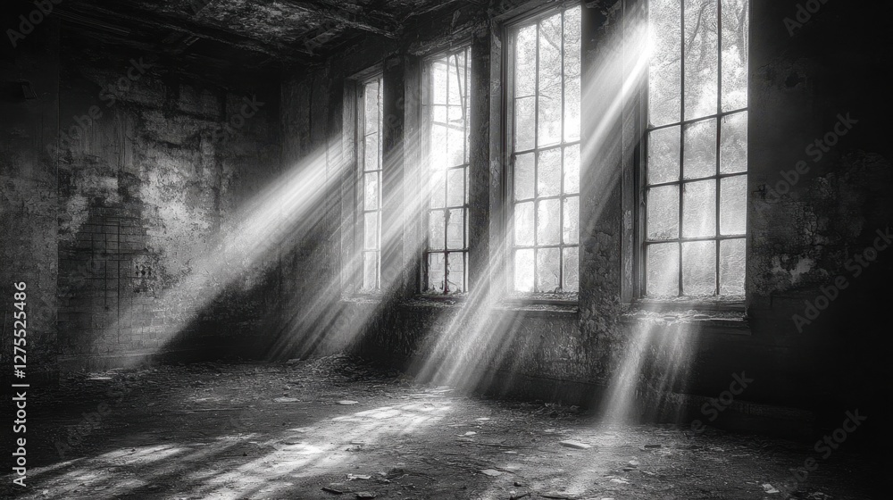 Poster broken windows in an abandoned building letting in dramatic beams of light, casting shadows on its c