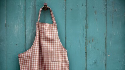 Checkered chef's apron in shades of beige and light pink, hanging from a rusty nail on a weathered teal wooden wall, rustic kitchen decor