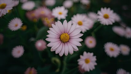Delicate pink and white daisies with a soft bokeh background featuring lush green foliage creating an ethereal and serene floral composition