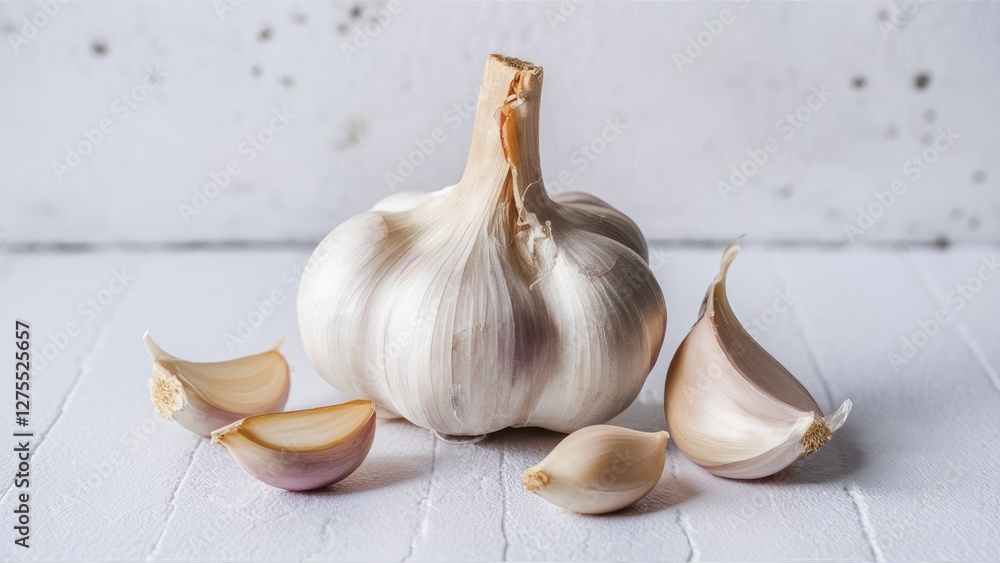 Poster whole garlic bulb and several cloves arranged elegantly on a textured white surface with soft natura