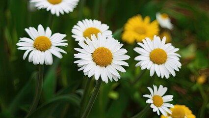 Vibrant white daisies with yellow centers growing amongst lush green foliage creating a colorful natural arrangement against a blurred background