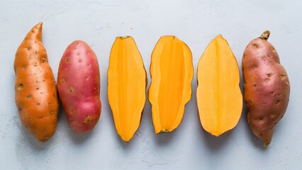 Fresh whole and sliced sweet potatoes in vibrant orange and pink hues arranged on a light...