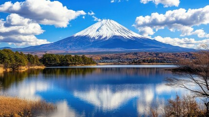 Obraz premium A breathtaking view of Mount Fuji at sunrise, reflecting on a serene lake surrounded by lush greenery. 