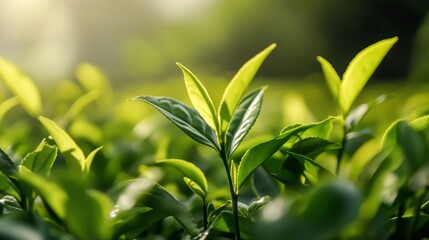 Fototapeta premium Delicate Green Tea Leaves Captured in Close-Up Shot of Nature