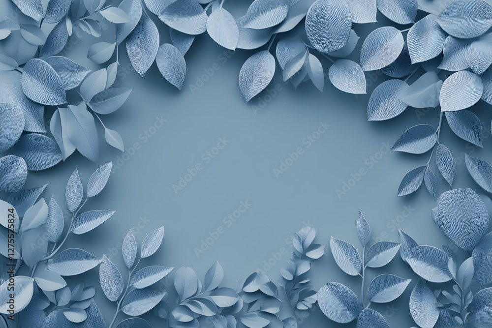 Poster 3d rendering of tropical leaves in a monochrome blue color on a gradient background