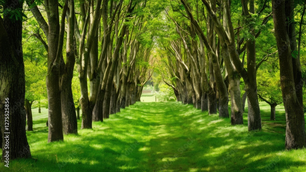 Poster lush green pathway lined with tall trees under vibrant foliage creating a serene and inviting atmosp