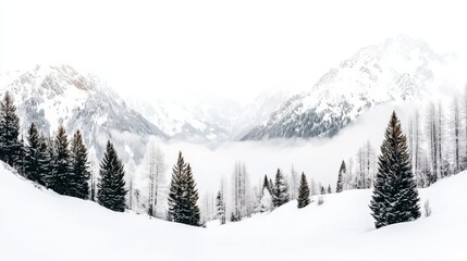 Snowy pine trees in mountain landscape. Vector illustration