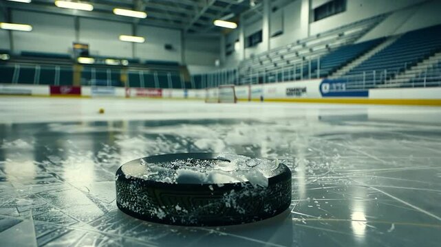 Close-up of hockey puck on ice rink, ice shavings scattered around, empty arena in background