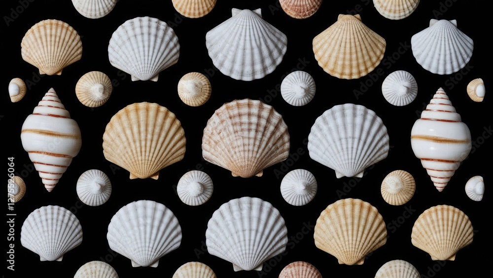 Poster assorted seashells in various sizes displayed on a black background showcasing white and beige tones