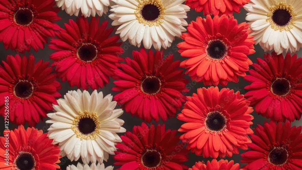 Poster vibrant array of red and white gerbera flowers arranged densely against a dark background creating a