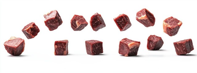 Beef cubes soaring in various directions, isolated on a clean background for culinary creativity.