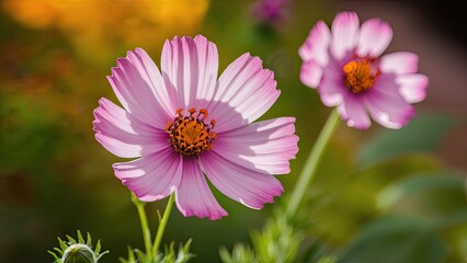 Obraz premium Delicate pink cosmos flowers with vibrant orange centers positioned prominently against a blurred green and yellow background in natural sunlight.