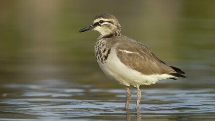Obraz premium Brown and white bird standing in shallow water with a soft green background on the left side, showcasing intricate feather patterns and serene environment.