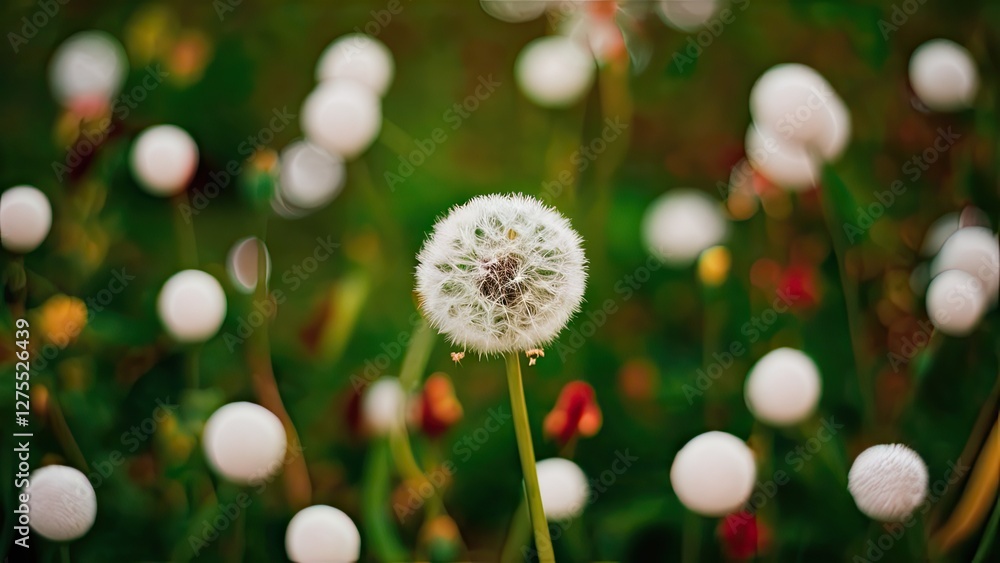 Poster bokeh effect featuring vibrant green background with sharp white dandelion in the center surrounded 