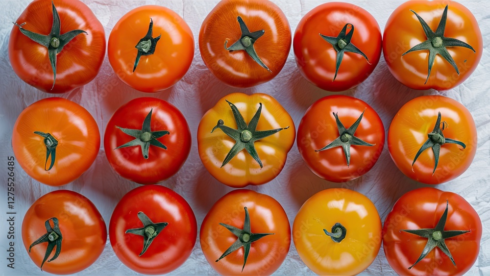 Poster assorted vibrant red and yellow tomatoes arranged in a neat grid against a clean white background sh