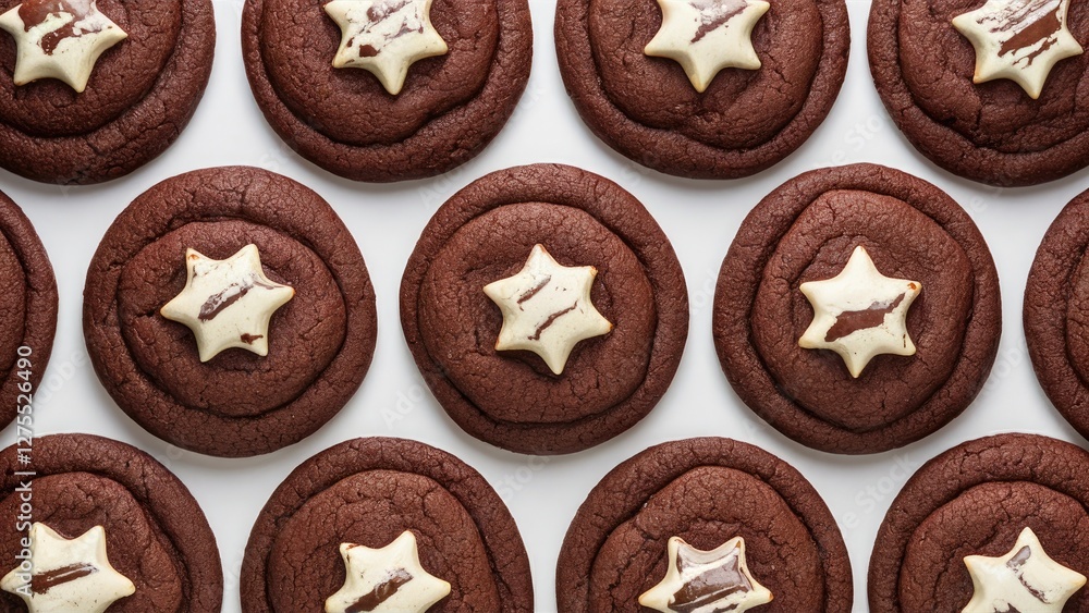 Poster chocolate cookies arranged in a grid pattern on a clean white background featuring star-shaped toppi