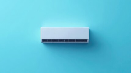 Advanced air conditioner with automatic temperature adjustment, positioned on a sky blue background, top-down shot.