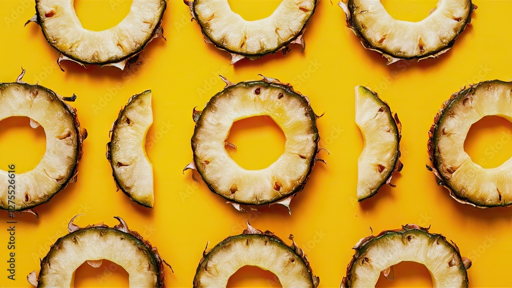 Poster Vibrant yellow backdrop featuring arranged circular pineapple slices with textured edges creating a visually appealing pattern focused on freshness.