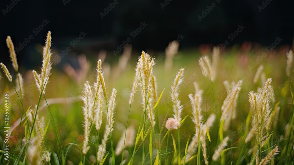 Poster soft golden grass flowers in focus with a blurred bokeh background of green hues, creating a tranqui