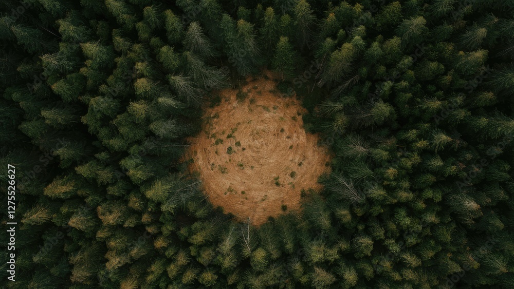 Poster aerial view of a circular clearing in a dense green forest with a sandy center surrounded by towerin