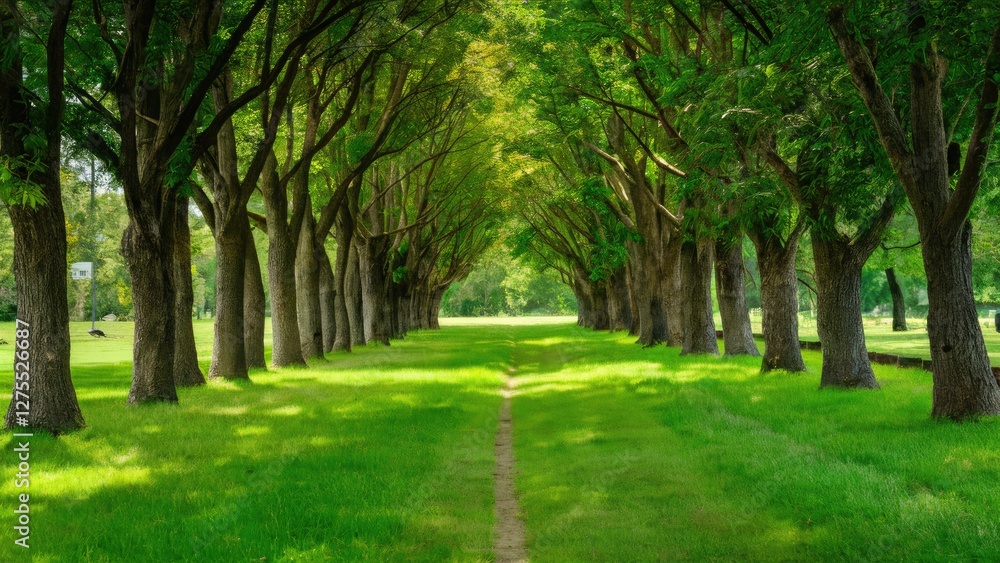 Poster lush green pathway bordered by tall trees creating an inviting nature scene with vibrant foliage and