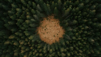 Aerial view of a circular clearing in a dense green forest with a sandy center surrounded by towering evergreen trees in various shades of green.