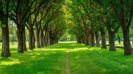 Lush green pathway bordered by tall trees creating an inviting nature scene with vibrant foliage and a clear dirt trail in the center.