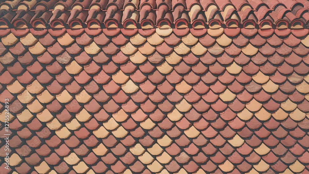 Poster decorative patterned roof tiles in warm earthy tones of red and beige arranged in a rhythmic overlap